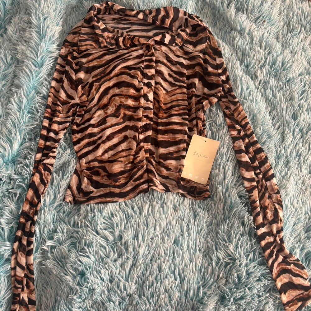Lily White Zebra Print Mesh Button-Up Blouse — NWT Women's Large